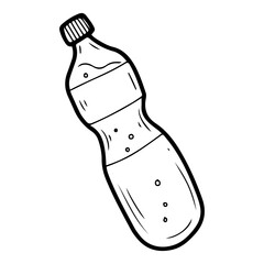 Plastic bottle of water. Hand drawn doodle. Beverage. Drinking mineral liquid. Healthy lifestyle. Container with lid. Vector line art illustration.