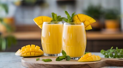 Two tall glasses filled with bright yellow mango smoothies are garnished with mint leaves and slices of mango, placed on a wooden surface. The refreshing drinks suggest a tropical flair.
