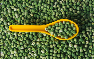Flatlay of a spoon filled with natural whole dried green peas and organic dried green peas.