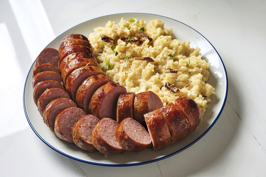 A photo of roasted sliced sausages in a plate accompanied by a creamy pilaf dish