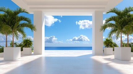 Tropical Veranda View with Palm Trees, Ocean, and Bright Blue Sky