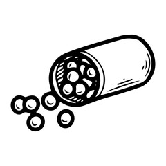 Vitamin container. Hand drawn doodle. Mineral food supplement. Healthy lifestyle. Plastic jar with lid. Pills. Vector line art illustration.