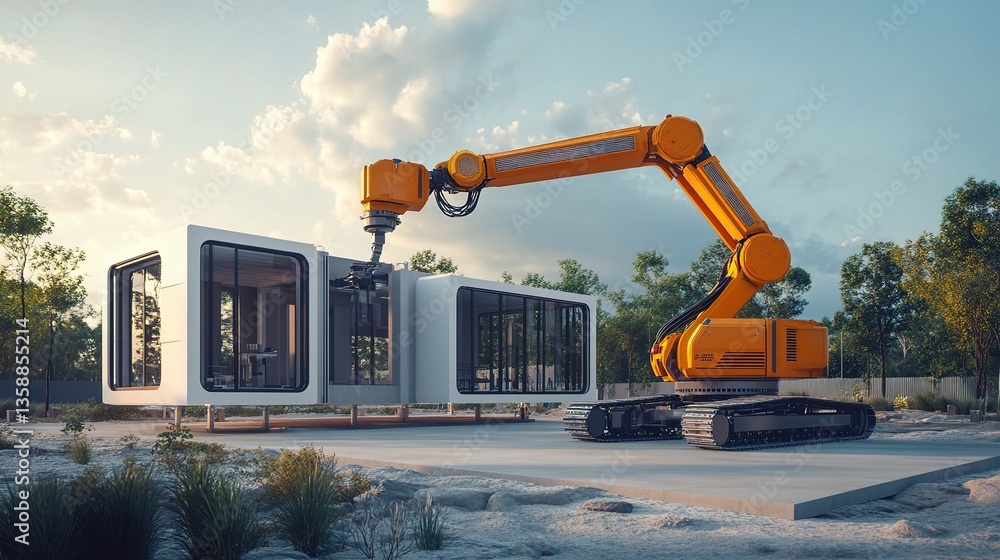 Poster robots assembling modular homes at construction site with innovation