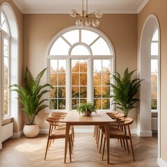 Modern Dining Room with Arch Window and Autumnal View