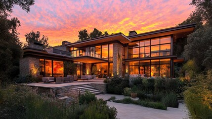 Fototapeta premium Stylish contemporary house with glowing interiors bold architectural lines soft pink and orange sunset sky lush natural surroundings. 