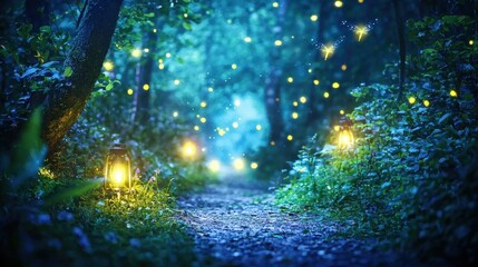 A dreamlike forest path illuminated by glowing lanterns and anime-style fireflies, creating a whimsical lo-fi atmosphere with generous margins for captions,