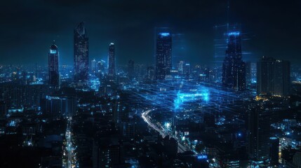 Obraz premium Futuristic city skyline at night with digital network overlay. Use Stock photo for technology, innovation, urban design