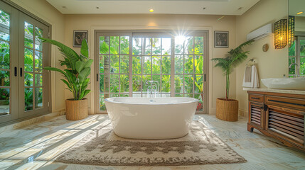 Luxury tropical bathroom with a freestanding bathtub and greenery