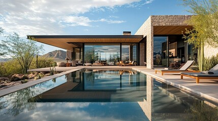 Fototapeta premium Stylish modern house exterior with poolside lounge chairs set against a calm reflective pool afternoon lighting spacious wide view. 