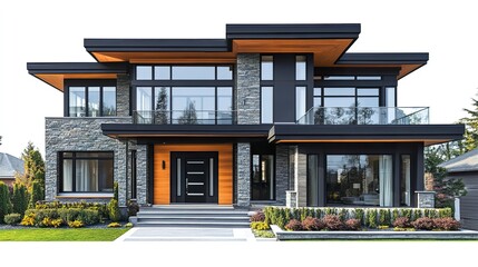 Fototapeta premium Stylish modern luxury home with a two-story layout, natural stone accents, and spacious balconies isolated on a clean white backdrop. 