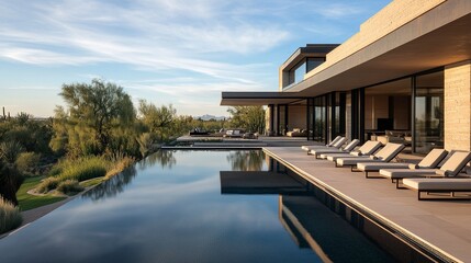 Fototapeta premium Stylish modern house exterior with poolside lounge chairs set against a calm reflective pool afternoon lighting spacious wide view. 