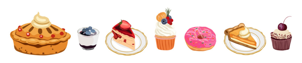 Pastry, cupcake, piece of cake, biscuits, macaroons decorated with berries and fruits. Set of sweet desserts with whipped cream and chocolate glaze. Vector illustration isolated 