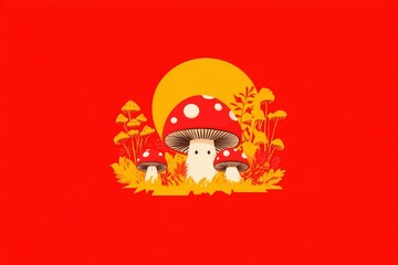 Fototapeta premium Mushrooms in the meadow in a forest with sunrise in the background for children