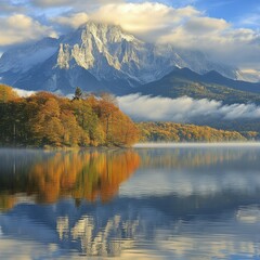 Obraz premium Scenic view of idyllic lake in Alps in autumn, mountains in clouds