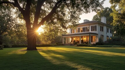 Obraz premium Suburban home painted white with a sprawling tree in the foreground manicured grass golden hour glow serene ambiance. 