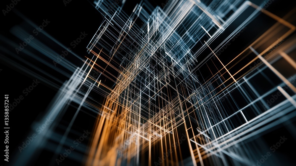 Poster abstract architectural perspective in a dark background; futuristic city lines; digital art; possibl