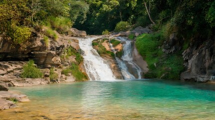 Fototapeta premium A tranquil landscape photo depicts a cascading waterfall flowing into a turquoise pool, surrounded by lush green vegetation.