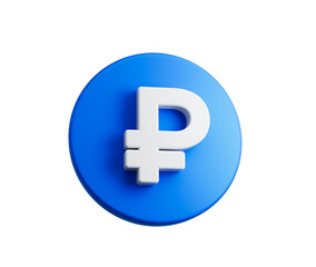 3D Render of a Blue coin featuring a white ruble symbol on its surface, 3d illustration
