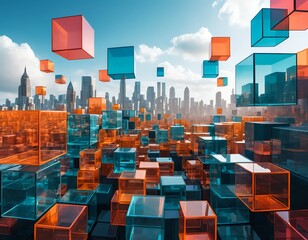 Obraz premium Abstract Cityscape with Floating Cubes
