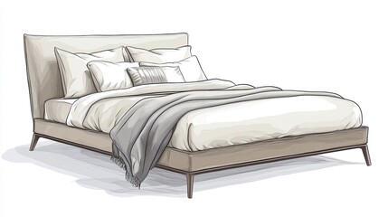A serene depiction of a modern bed with neutral bedding and a single decorative pillow. picture