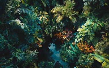 Obraz premium Aerial view of lush tropical rainforest. Vibrant green foliage, palm trees, and a hidden pool create a stunning natural scene.