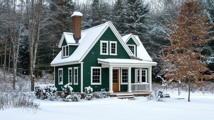 Naklejka premium Traditional New England green home with white trim roof draped in snowbanks crisp winter air serene atmosphere. 