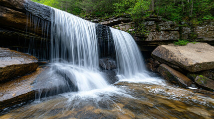 Serene Waterfall Cascading Over Rocks in Lush Green Forest Environment