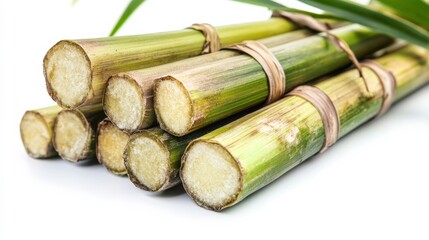 Hand-Harvested Sugarcane Sticks on White Background