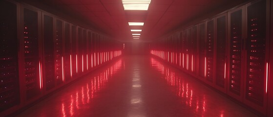 Fototapeta premium A long data center corridor with glowing red lights