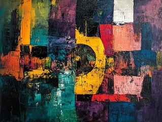 Vibrant abstract painting with bold colors and textured brushstrokes.  A blend of dark and bright hues create a dynamic composition.
