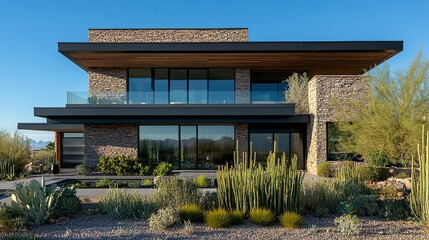Two-story contemporary house showcasing a blend of stone, wood, and glass framed by modern landscaping and a clear blue sky.  