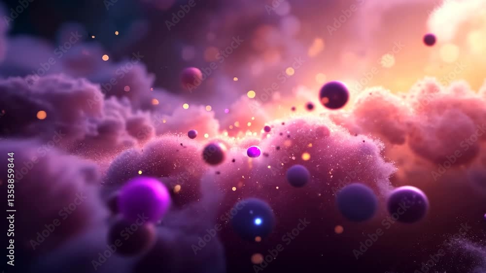 Poster abstract cloudscape with floating spheres and bokeh in shades of purple and orange