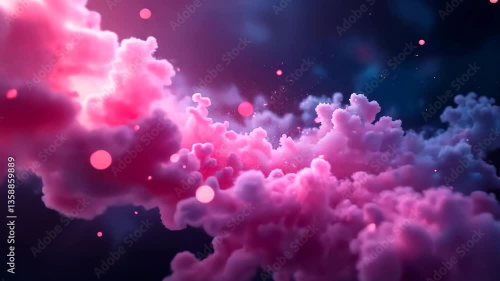 Poster abstract cloudscape with pink hues on dark backdrop featuring soft forms and particles