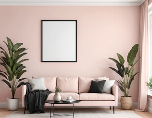 Modern Pink Living Room Interior with Blank Frame Mockup