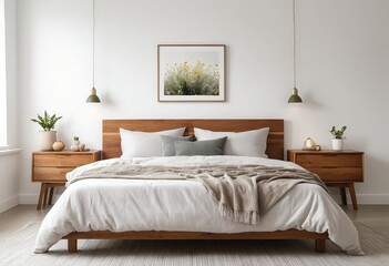 Modern Minimalist Bedroom Interior with Wooden Bed and Botanical Print