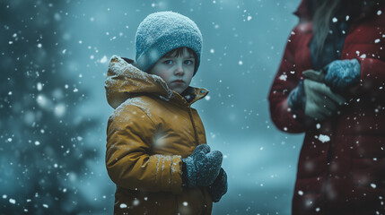 Young boy in yellow winter jacket standing outdoors during snowfall, surrounded by falling snowflakes and accompanied by an adult