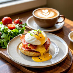 Gourmet Eggs Benedict with Latte &ndash; Elegant Breakfast Delight