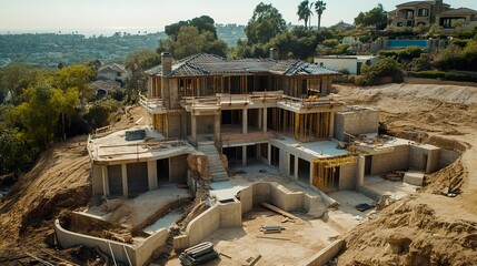 Fototapeta premium Under-construction home with visible framework surrounded by raw building materials soft earthy tones clear backdrop. 