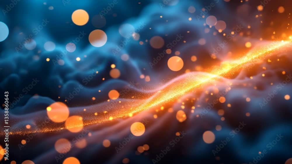 Poster abstract composition of a glowing stream with particles against blue smoke and bokeh