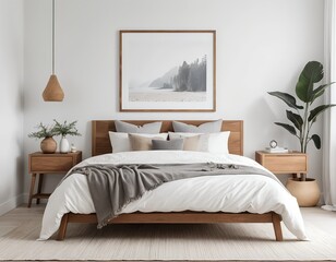 Minimalist Modern Bedroom Interior with Wooden Bed and Coastal Art