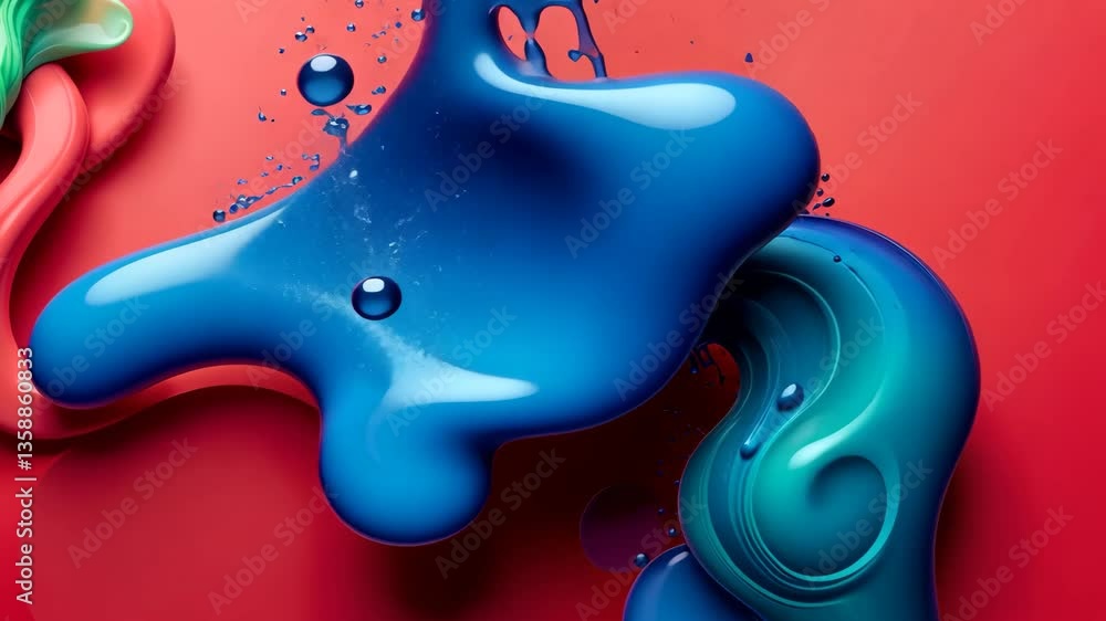 Poster Abstract Composition Of Flowing Colorful Paint Splashes On Red Background
