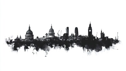 Urban skyline silhouette featuring modern and classic building outlines in bold black balanced composition clean white background. 