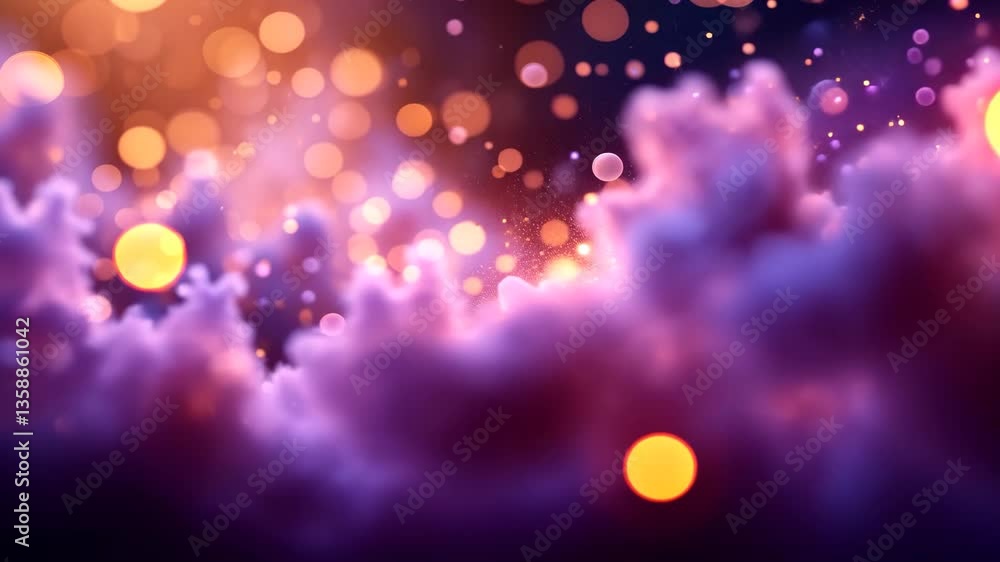 Poster abstract composition of glowing orbs and fractal purple clouds with orange and yellow bokeh effect