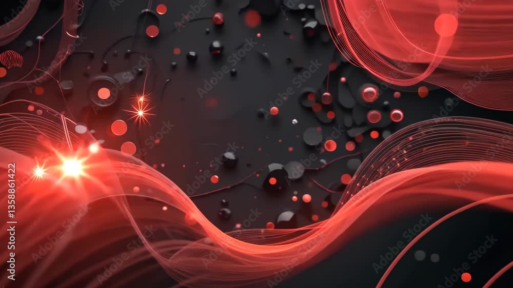 Poster abstract composition of red flowing waves and burst of light against dark background