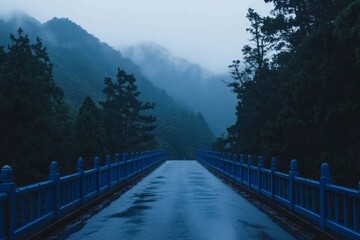 Fototapeta premium Blue bridge over a misty road in forest mountains for travel, nature, or landscape