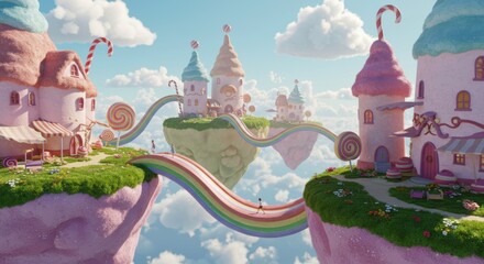 Whimsical Candyland Village Floating Islands Rainbow Bridge Fantasy Scene