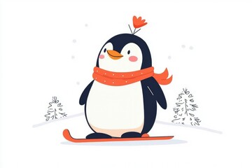 Fototapeta premium Cute penguin skiing down a snowy hill with trees, for winter holiday cards