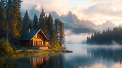 Fototapeta premium Wooden house by a glassy lake surrounded by towering pines fog rolling over distant mountains warm dusk light cinematic view. 