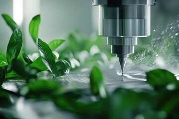 Precision CNC machining process with coolant, surrounded by lush green leaves, symbolizes sustainable manufacturing.