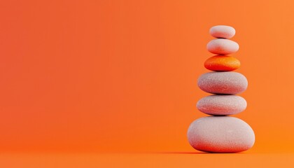 Stack of stones balances on orange background for calm, mindful meditation aid